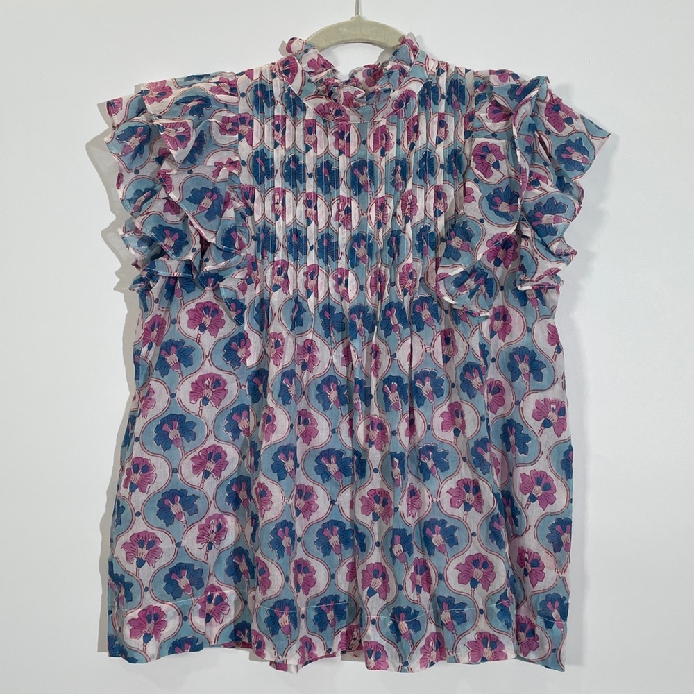 Oliphant Pintuck Ruffle Top Blouse XS 100% Cotton Pink Blue Print EUC - Picture 3 of 12